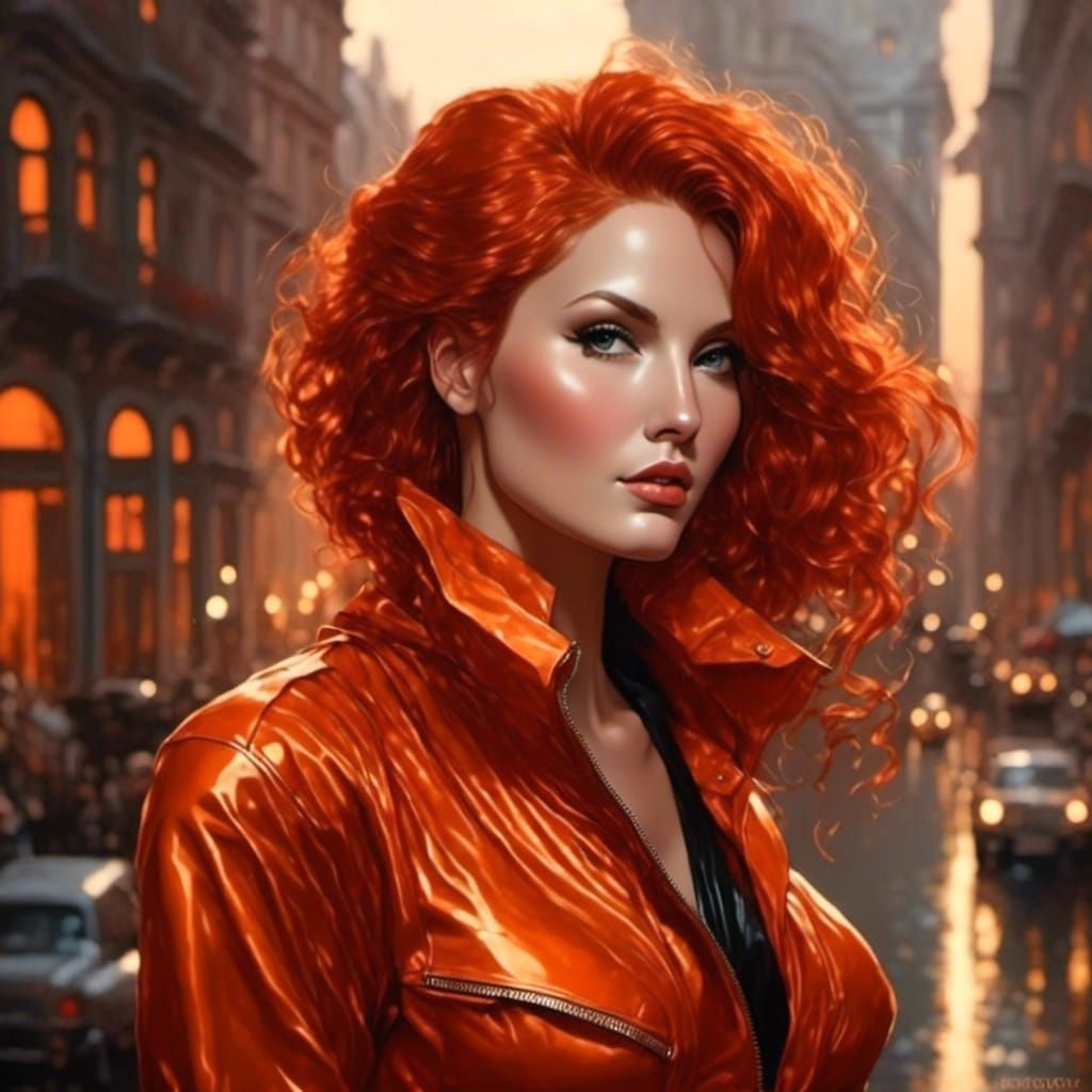 woman orange latex clothes, red hair,