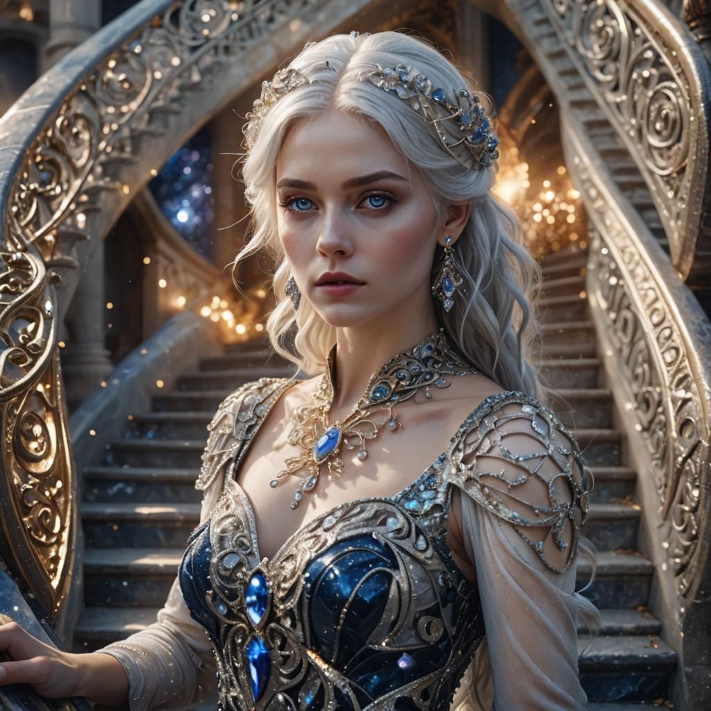 Silver-Haired Woman Descends Marble Stairs