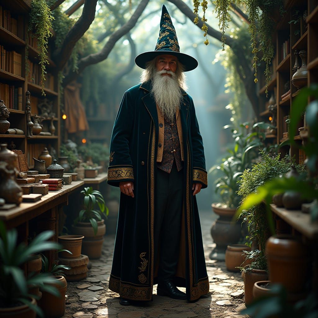 Enigmatic Wizard amidst Whimsical Greenhouse