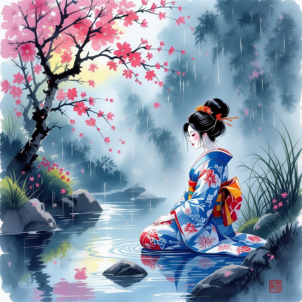 Serene Nature Scene in Ukiyo-e Style