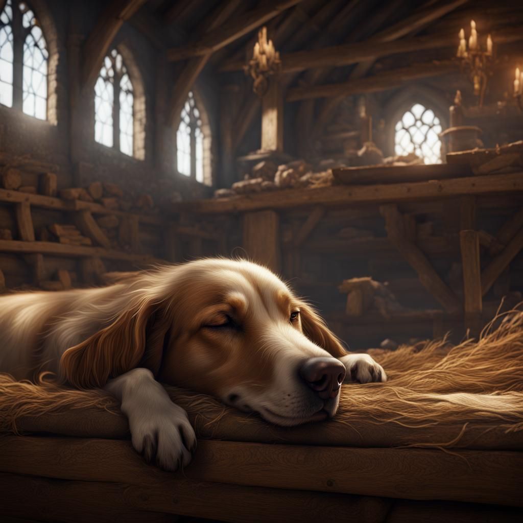 Dog Sleeping in Medieval Barn: Detailed Matte Painting