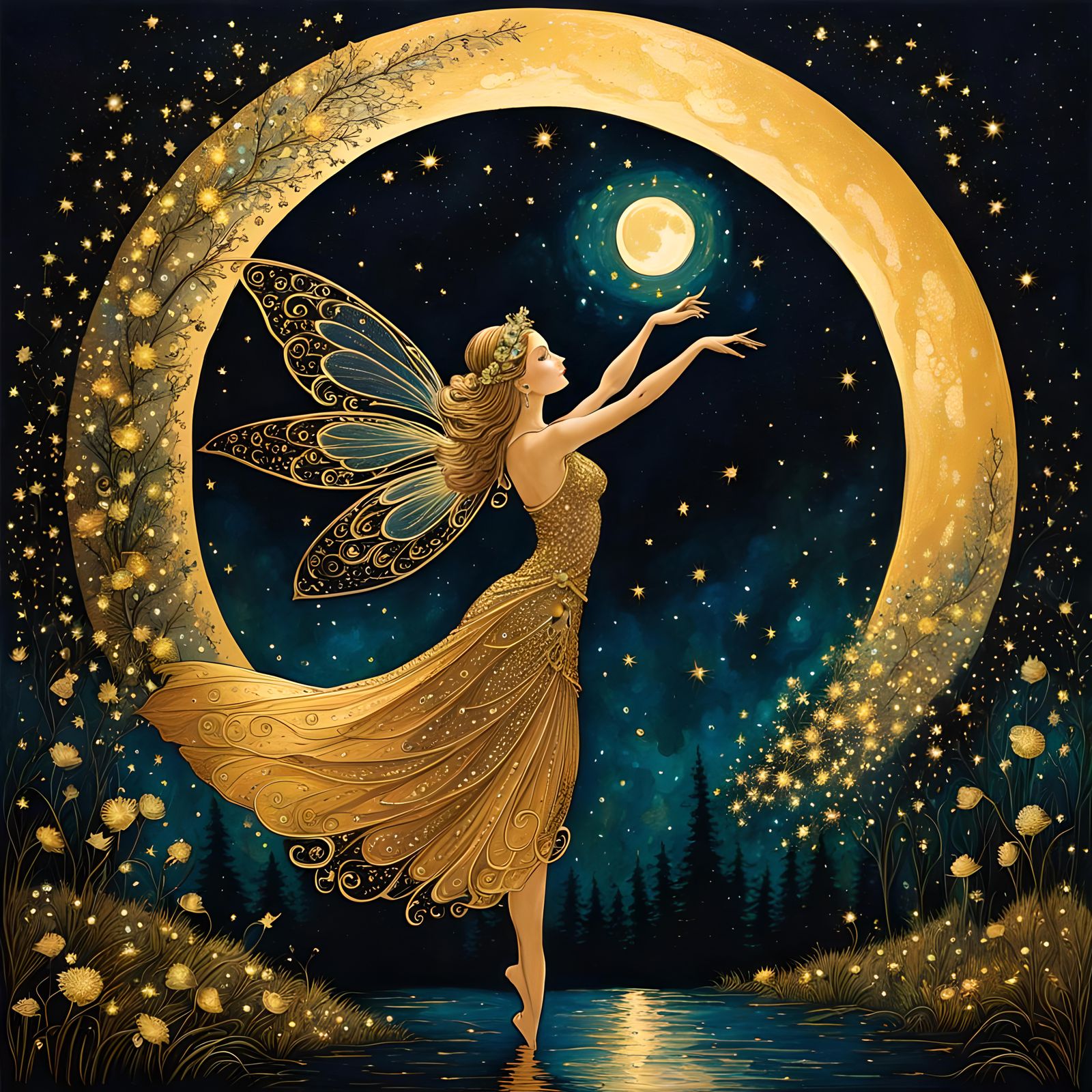 Fairy Dances with Moon in Sparkles and Fireflies