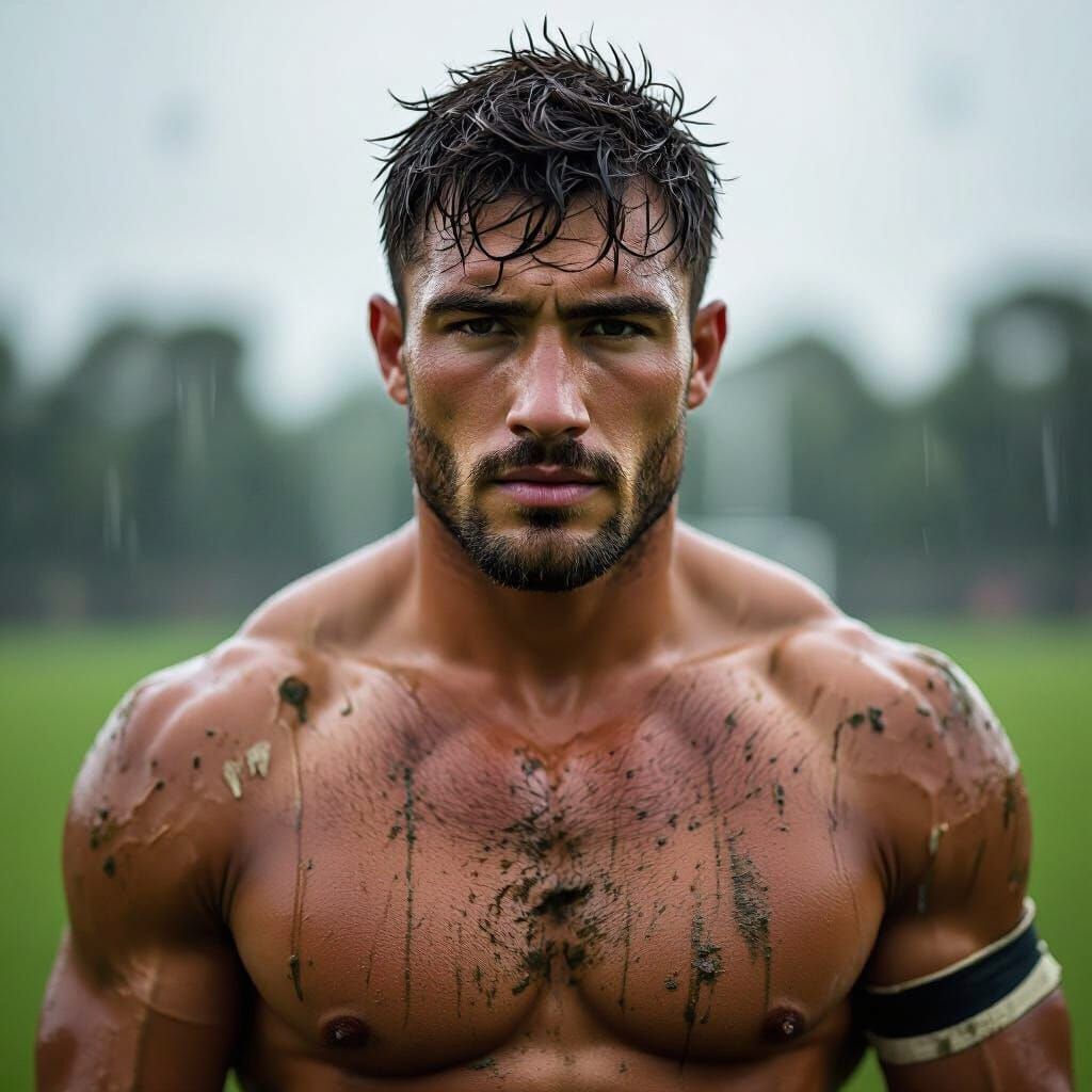 Handsome Brazilian Rugby Player in Rain - Photorealistic Por...