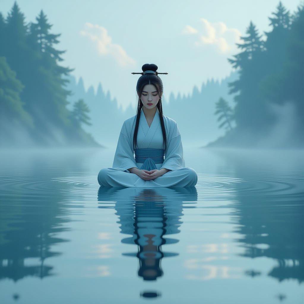 Surreal Character Meditating on a Calm Lake