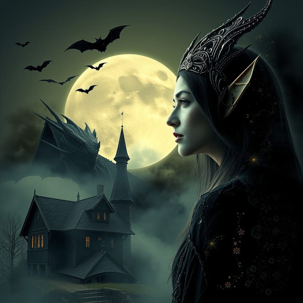 A beautiful gothic witch at moonlight.
