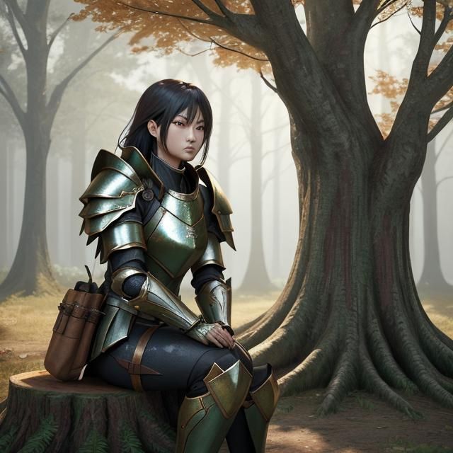 Anime Black Woman in Plate Armor on Stump