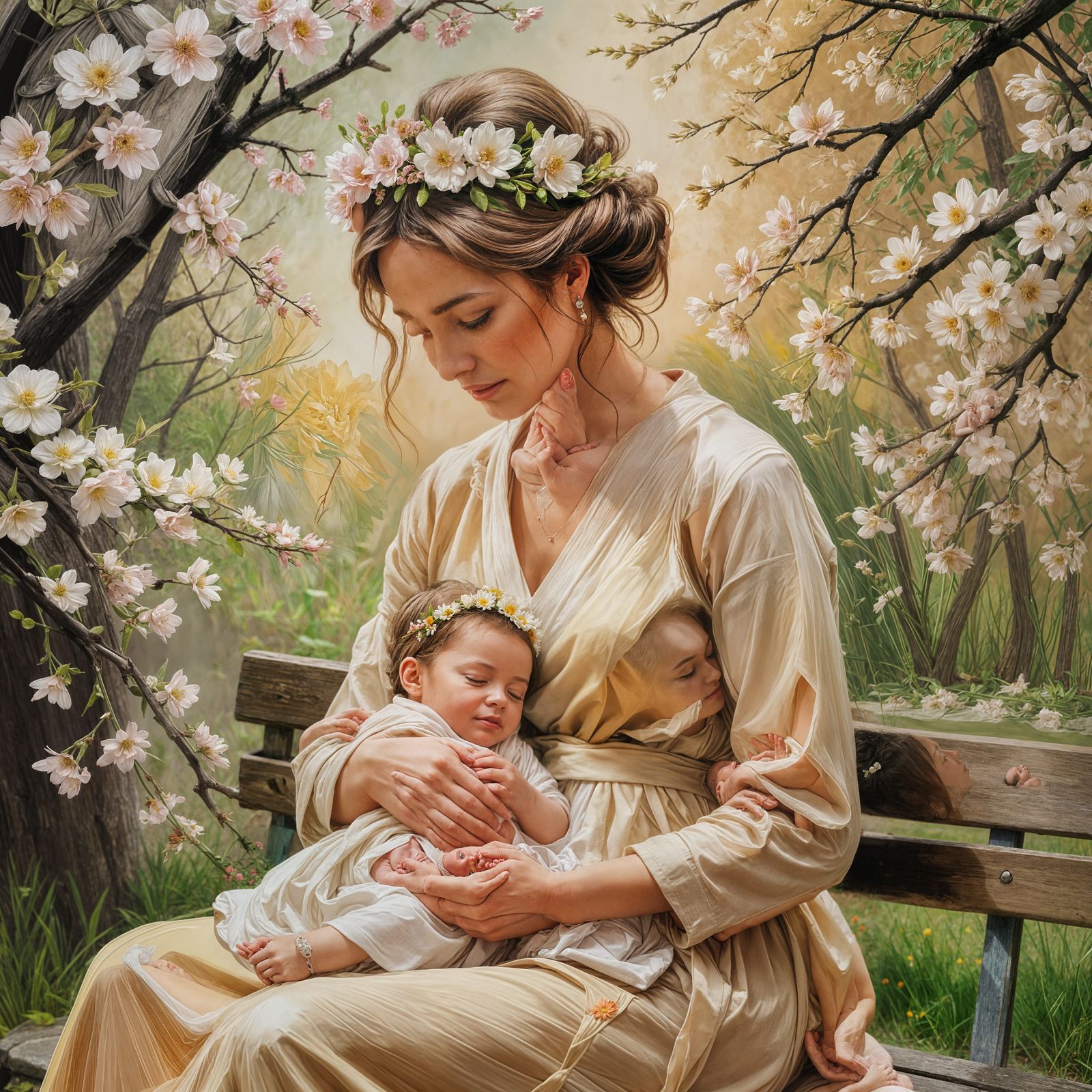 Mother and Newborn with Flowers in Serene Scene