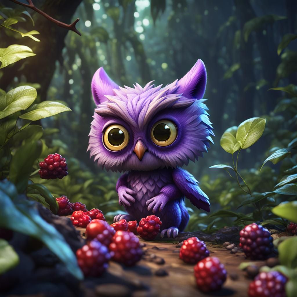 Owl Cat Creature Eating Berries: 3D Render