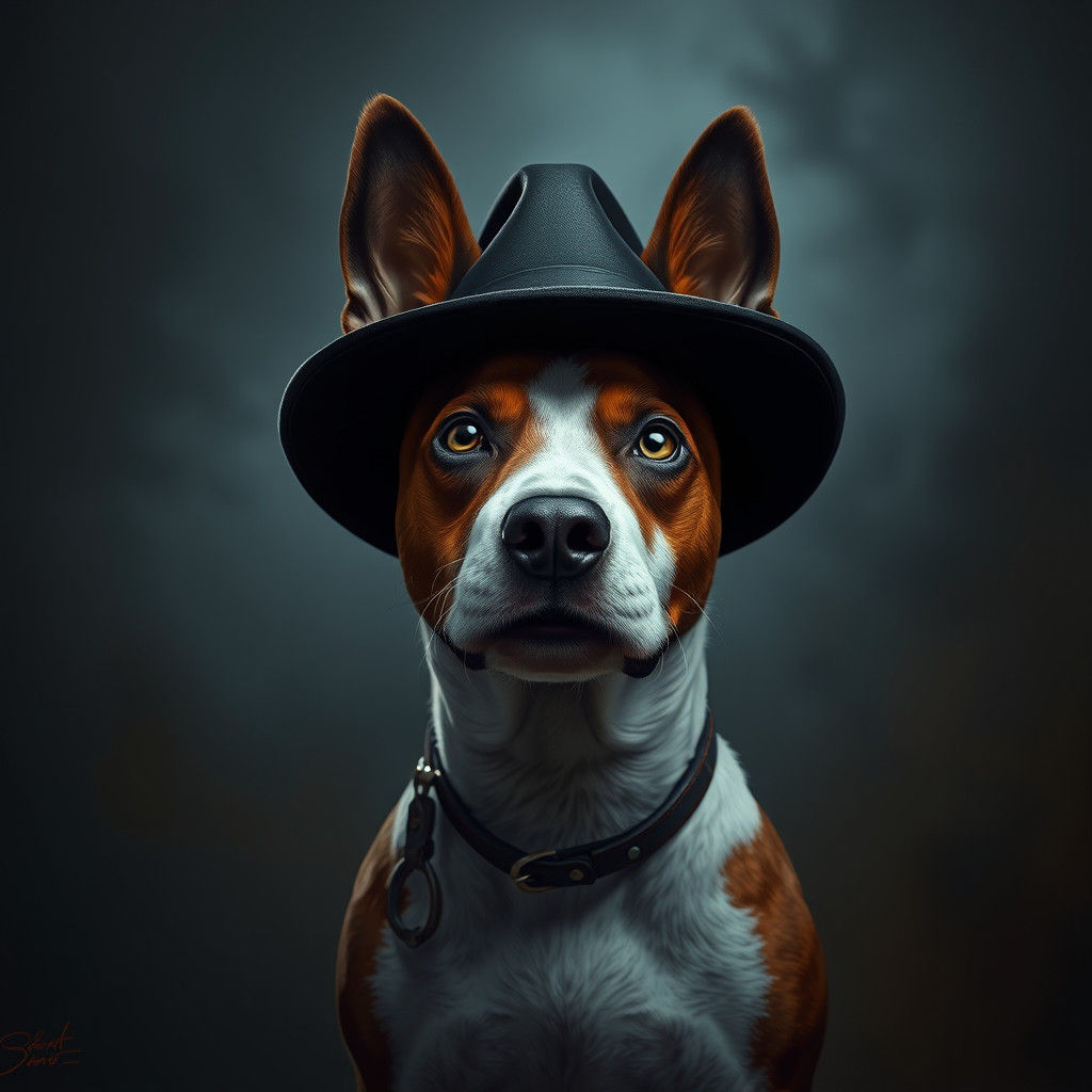 A jack russell terrier wearing black outback fedora hat