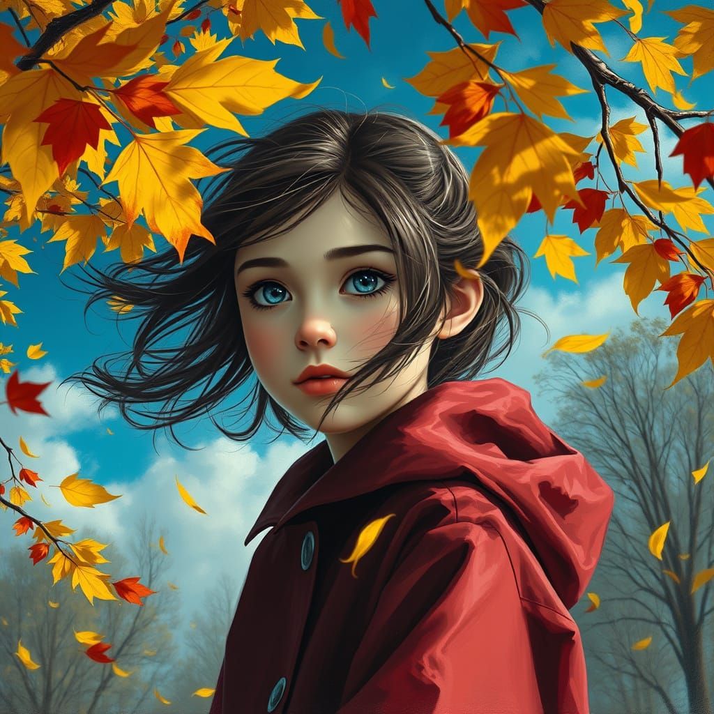 Autumn Girl in Park, Hyperrealistic Oil Painting