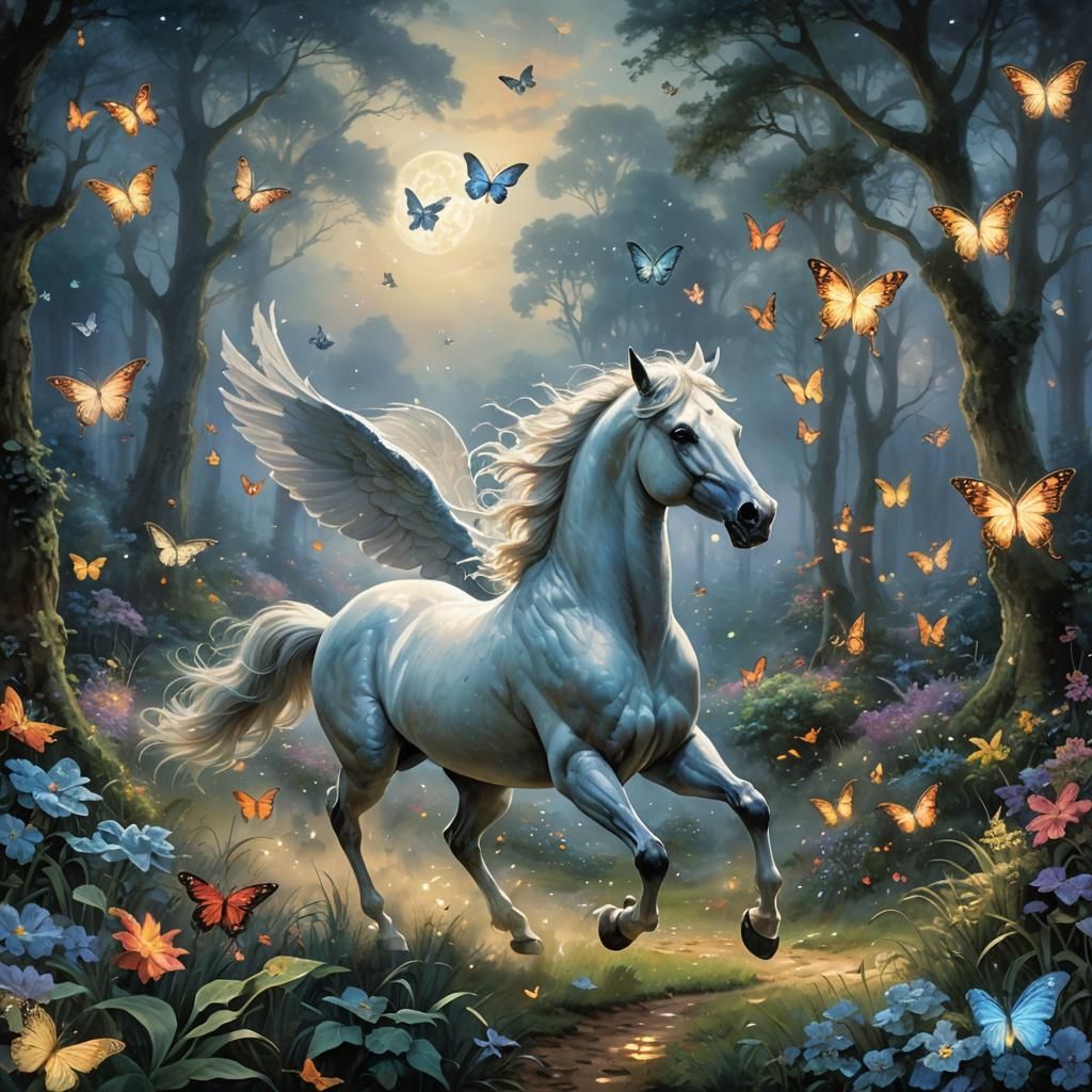 Pegasus in Moonlit Glade with Butterflies