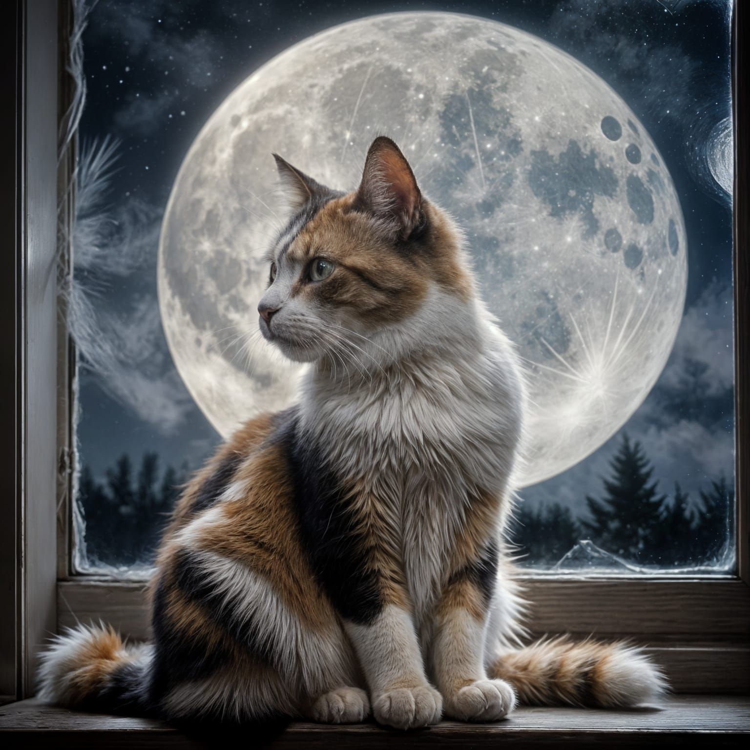 Calico Cat Gazes at Full Moon in Double Exposure