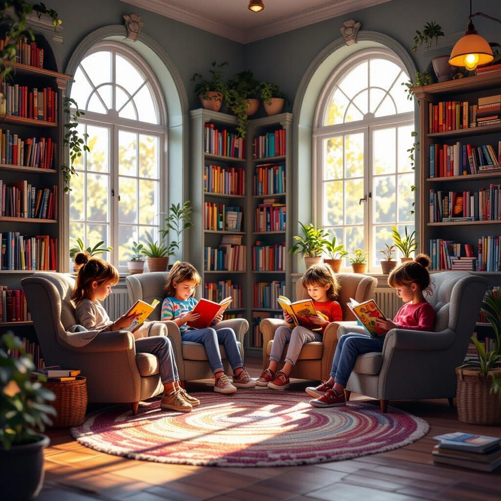 Children Reading in Cozy, Whimsical Classroom