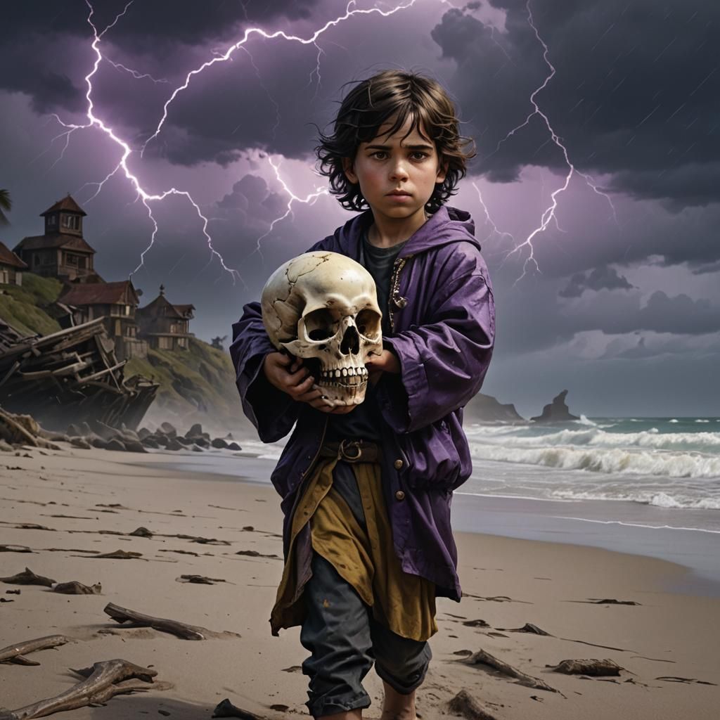 Child with Skull on Stormy Beach, Dark Fantasy Art