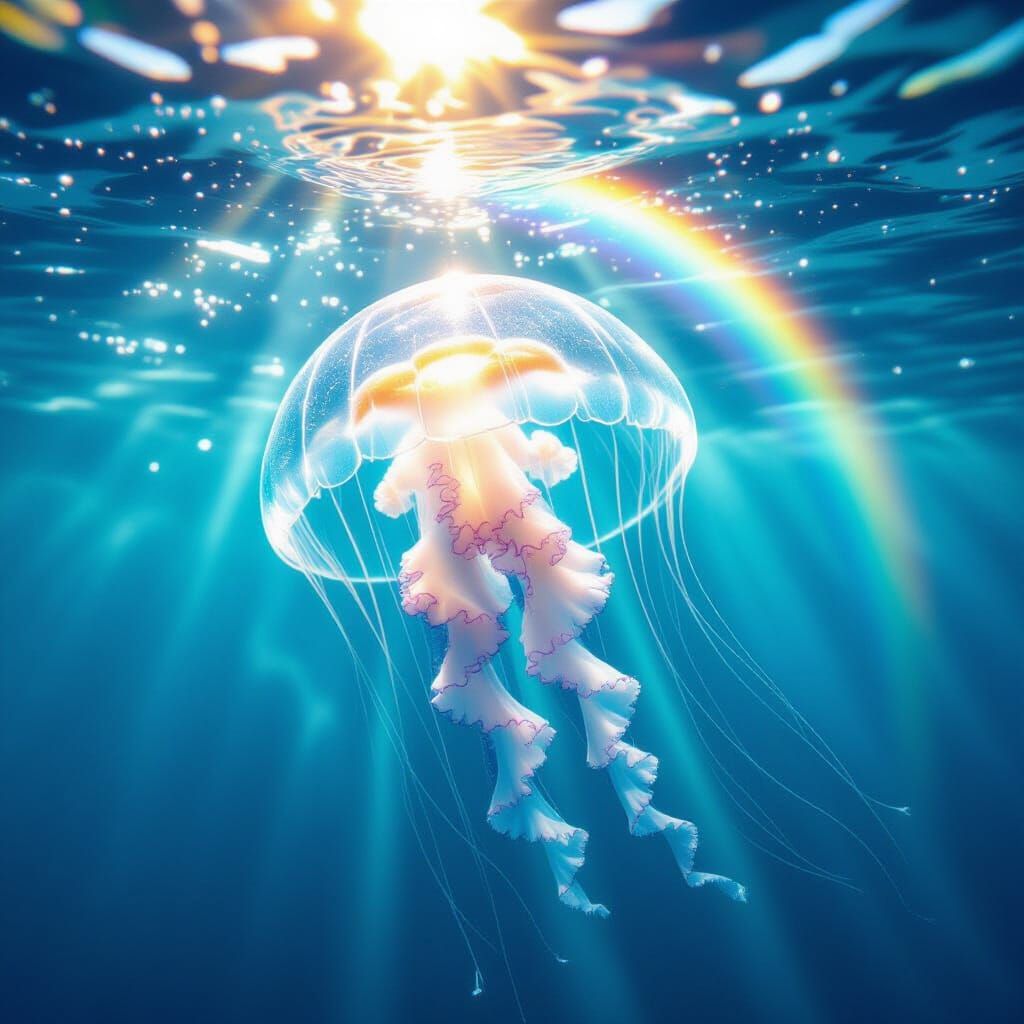 Glass Jellyfish in Sunlit Ocean with Rainbow
