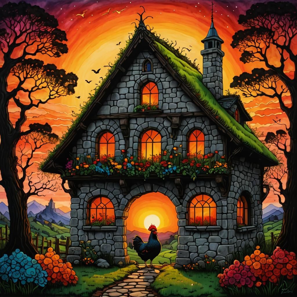 Majestic Renaissance Stonehouse at Sunset with Whimsical Gen...