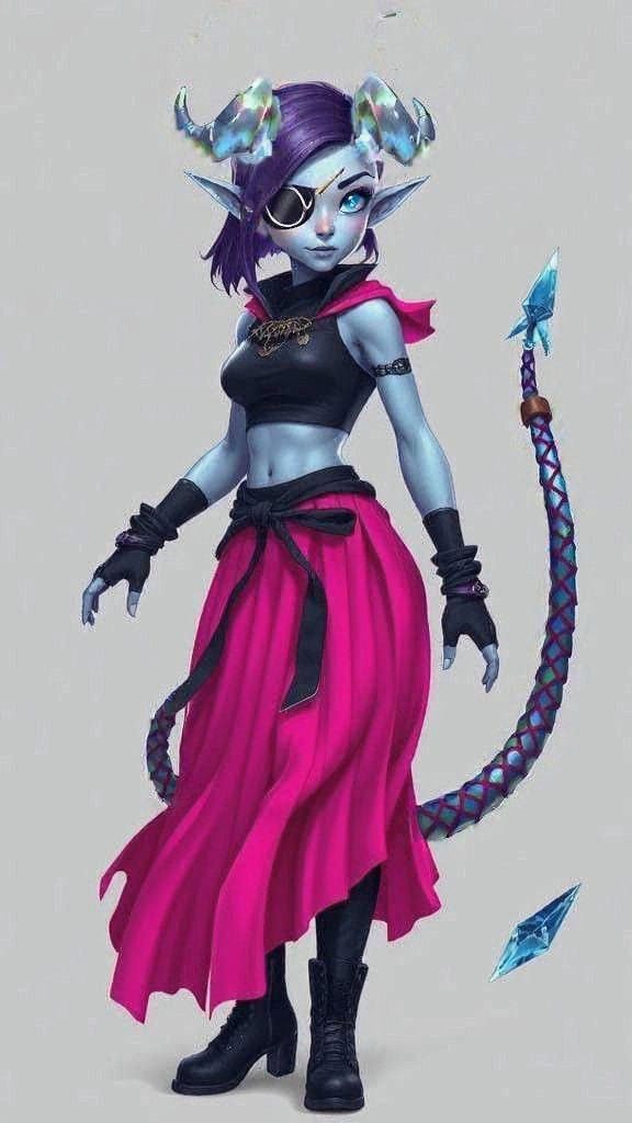 Asian Tiefling Woman Monk with Icy Blue Eye and Crystal Horn...