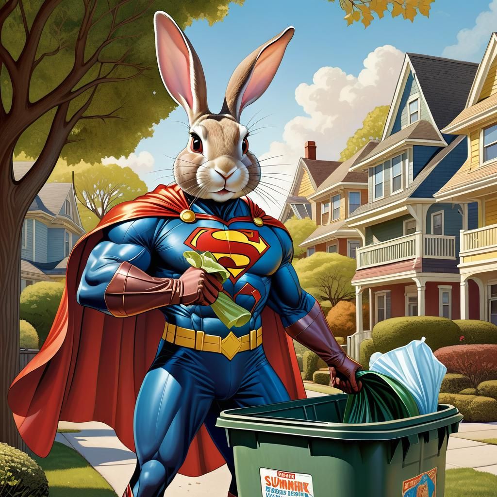 Rabbit Superhero Cleans Park in Art Nouveau Style