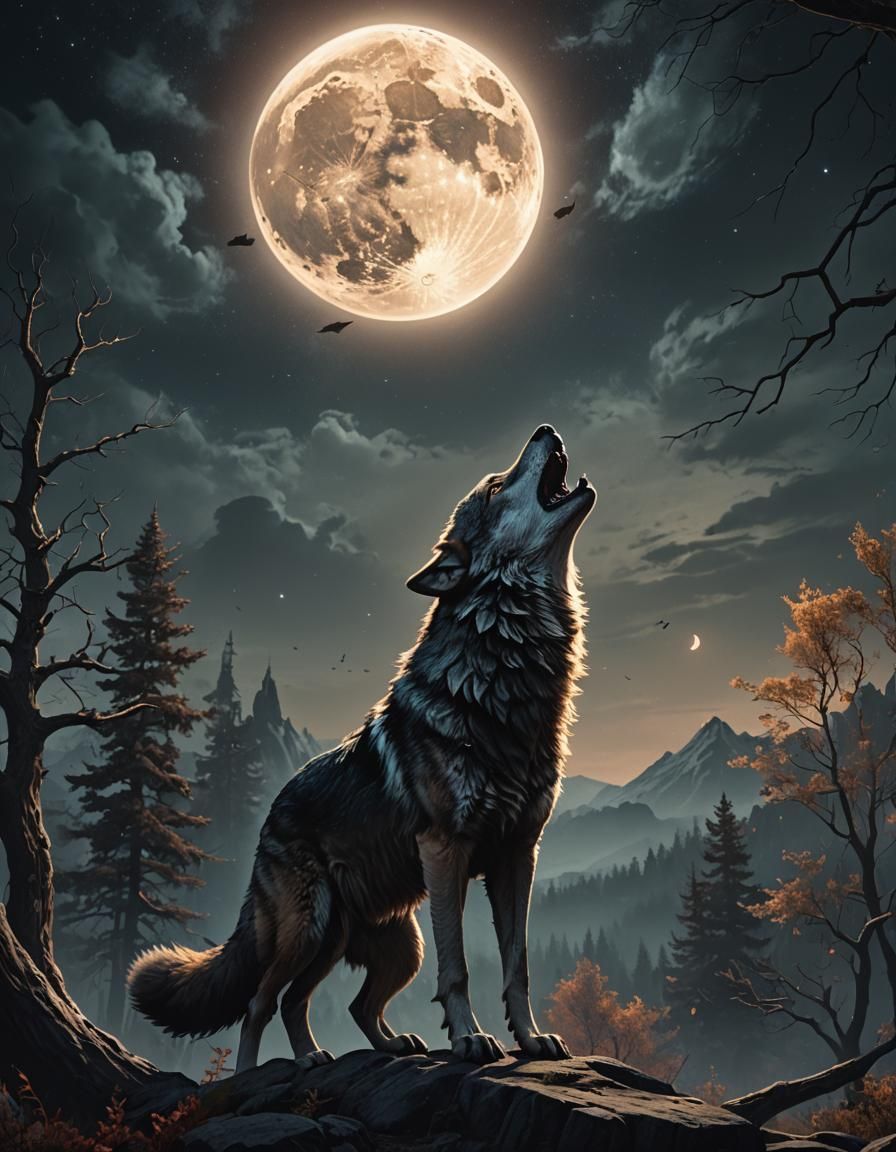 Wolf Howling at Moon: Detailed Matte Painting