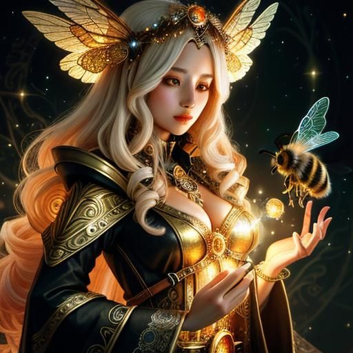 Honeybee Sorceress Spellweaver in Ethereal Techno Style