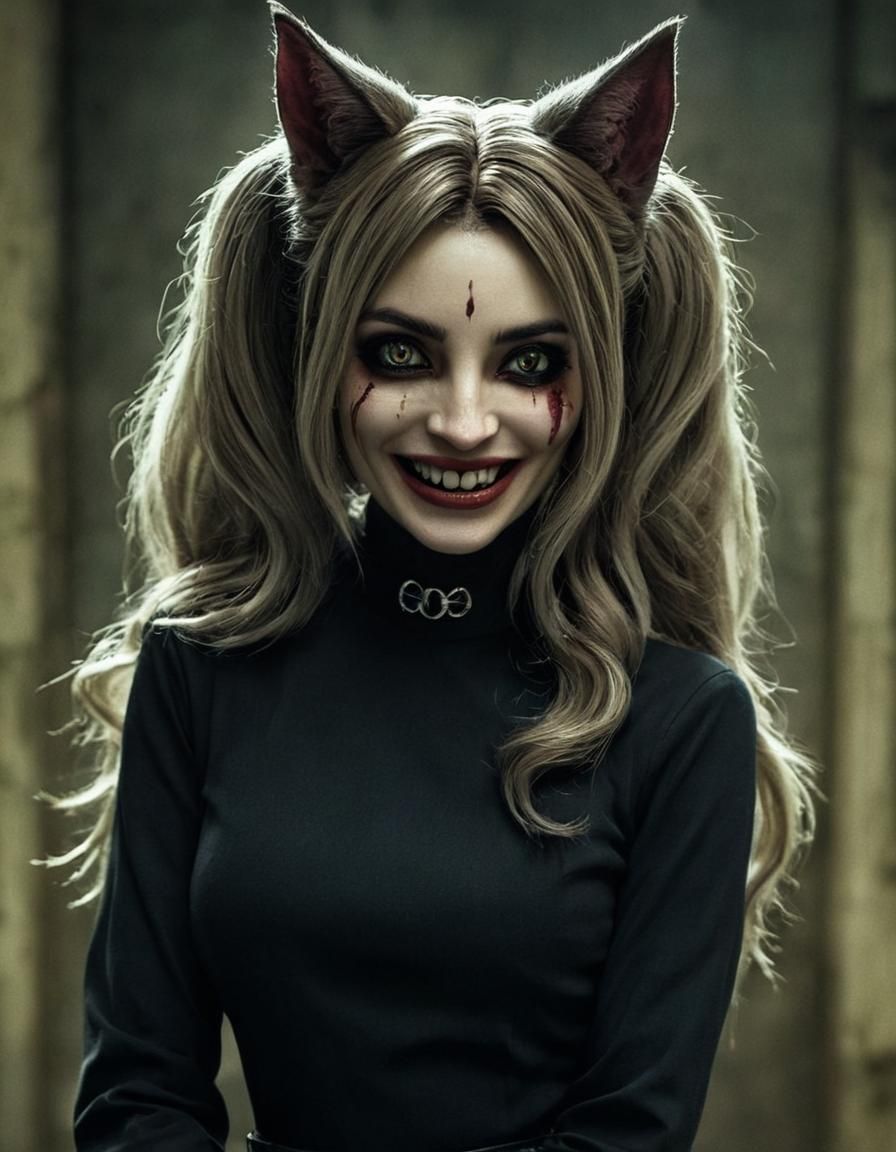 Catgirl Psychopath Portrait in Mixed-Media Style