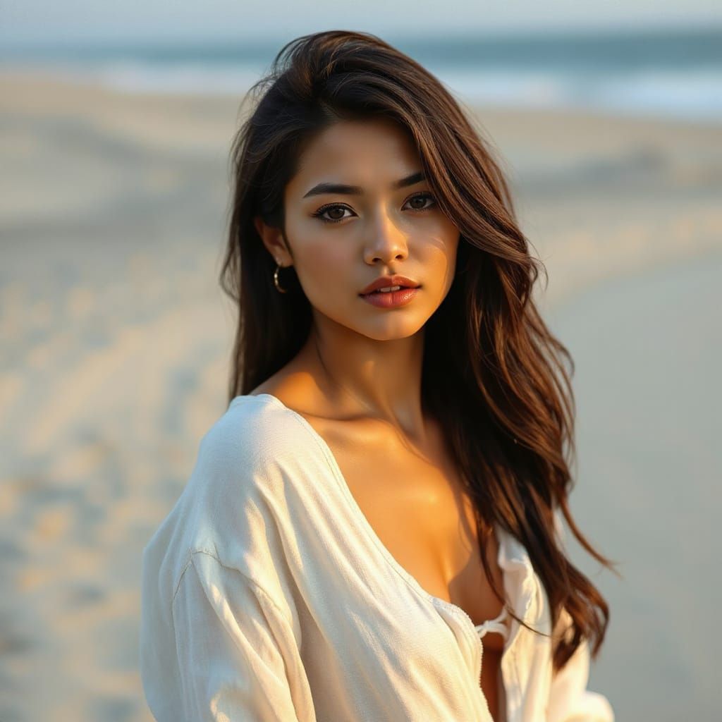 Eurasian Woman on Beach in Photorealistic Style