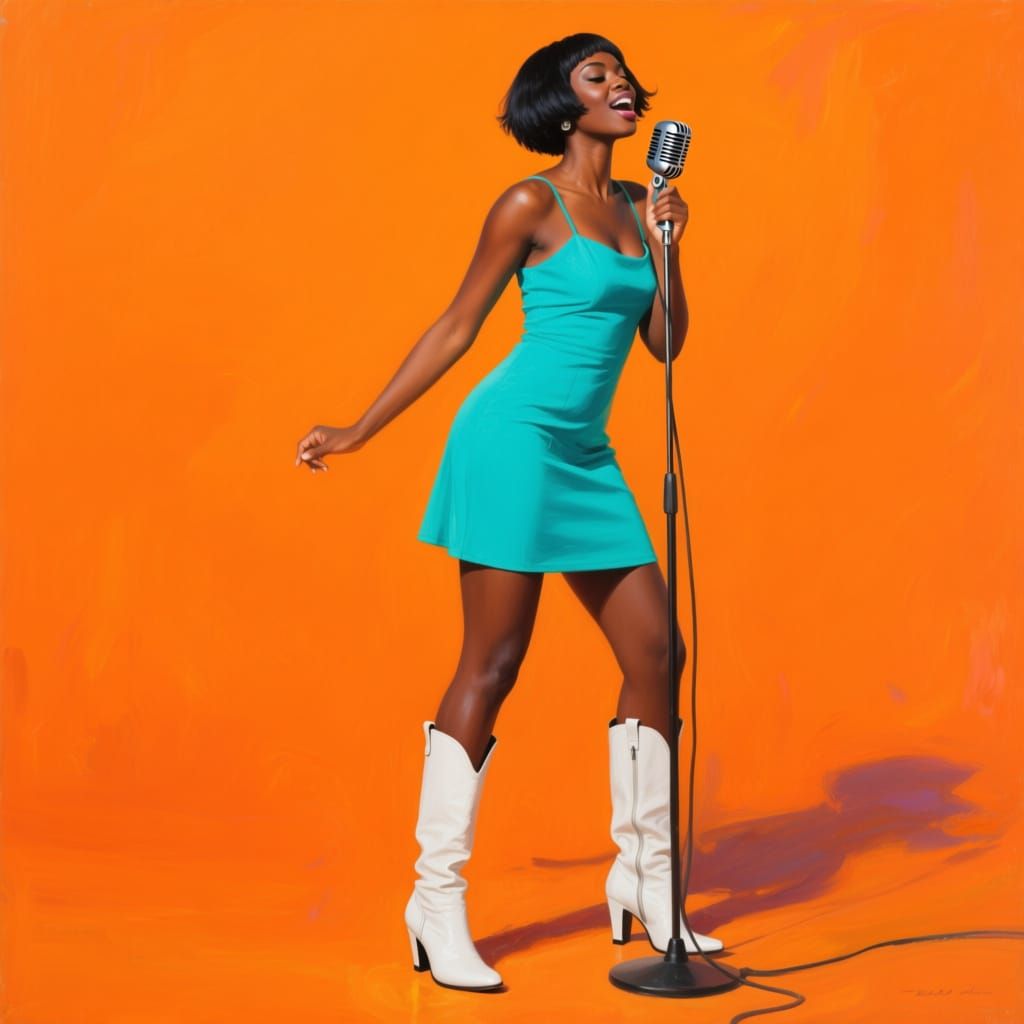 African American Woman Sings into Vintage Mic, Impressionist...