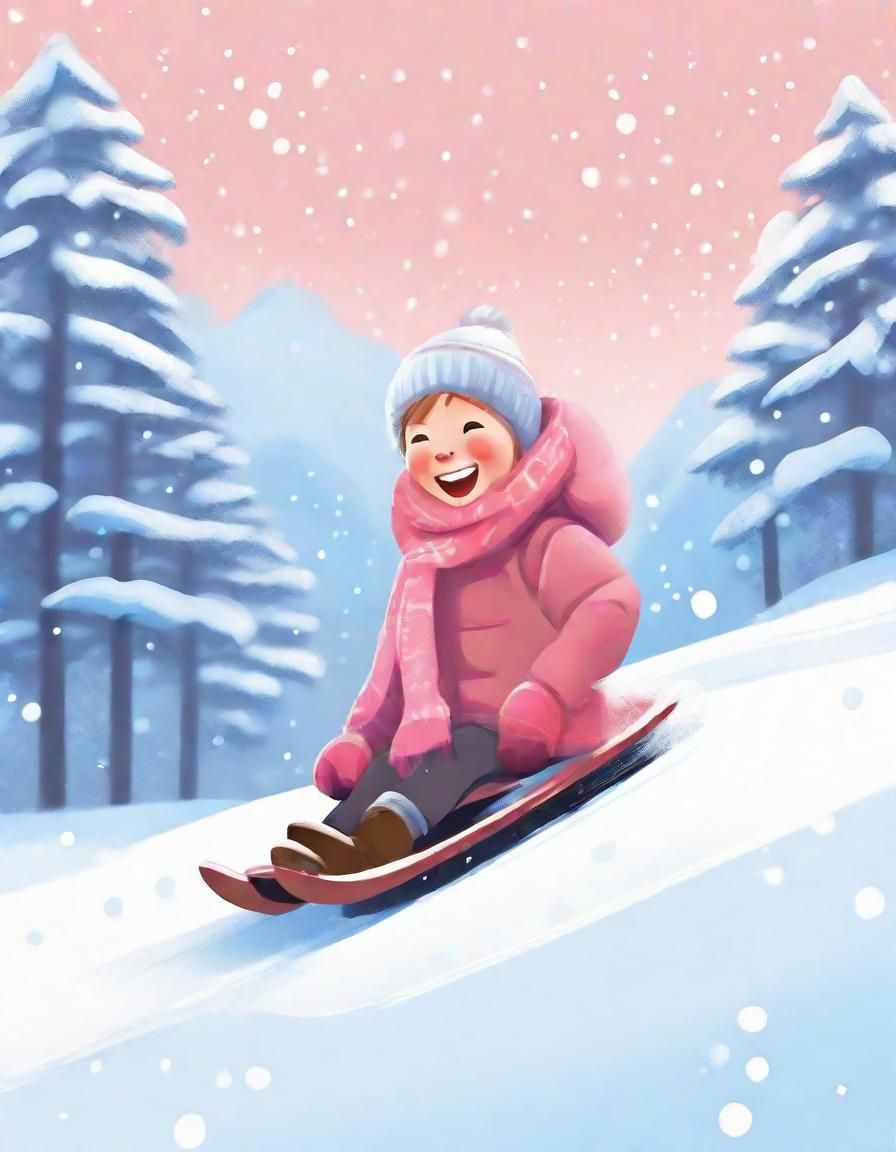Boy Sledding Down Snowy Hill in Poster Art