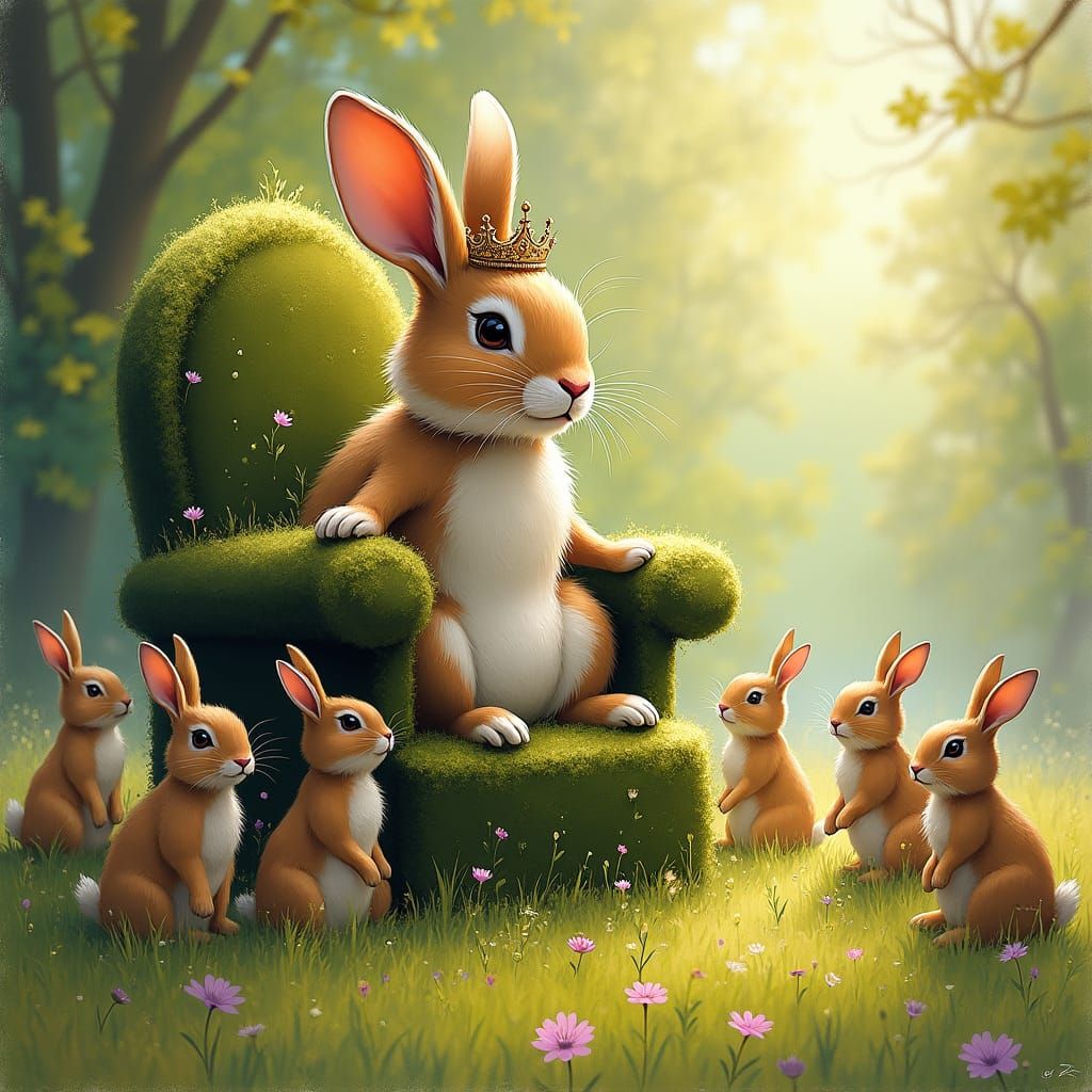 Regal Rabbit King in Impressionistic Meadow Scene