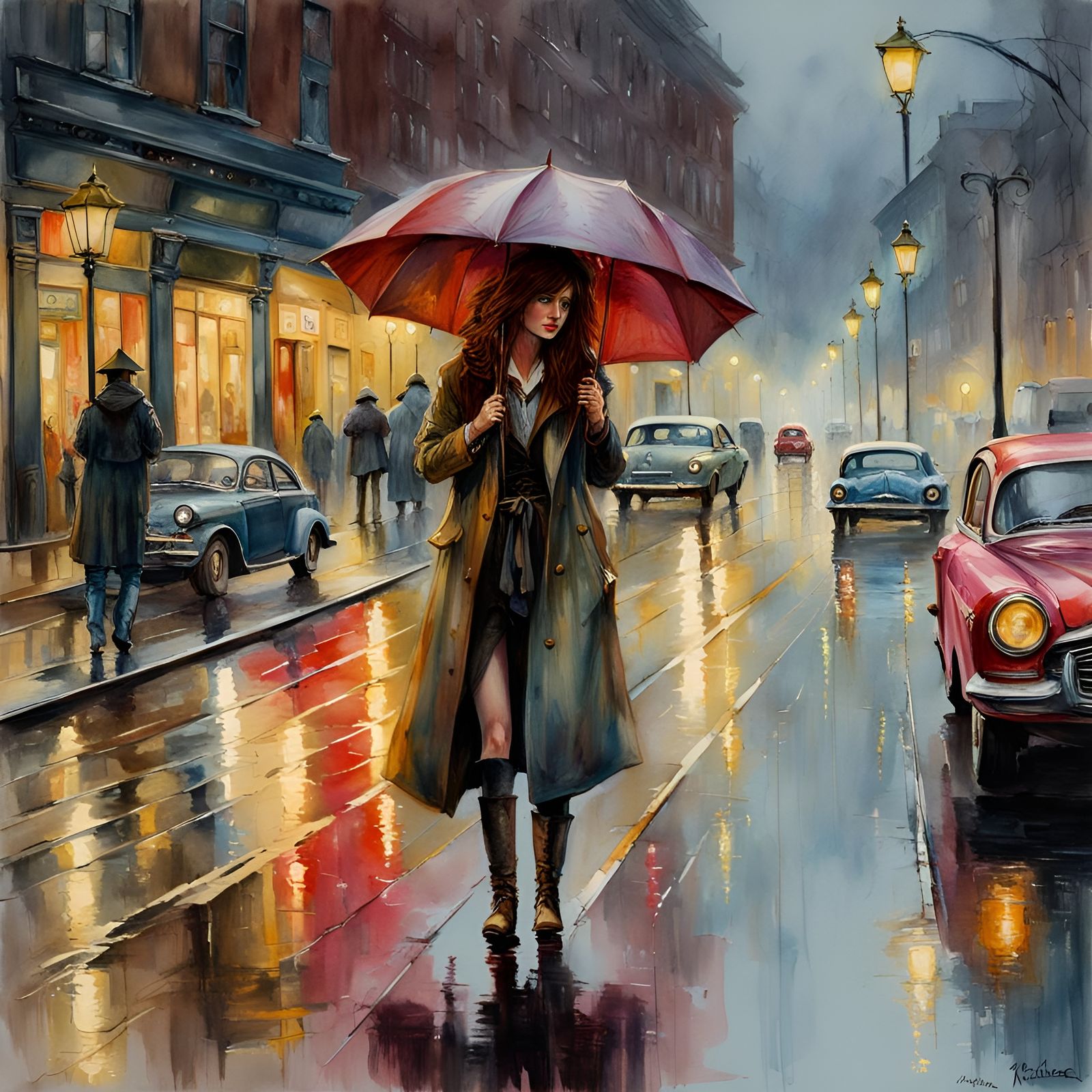 Eldritch Rainy Day Street Scene in Watercolor