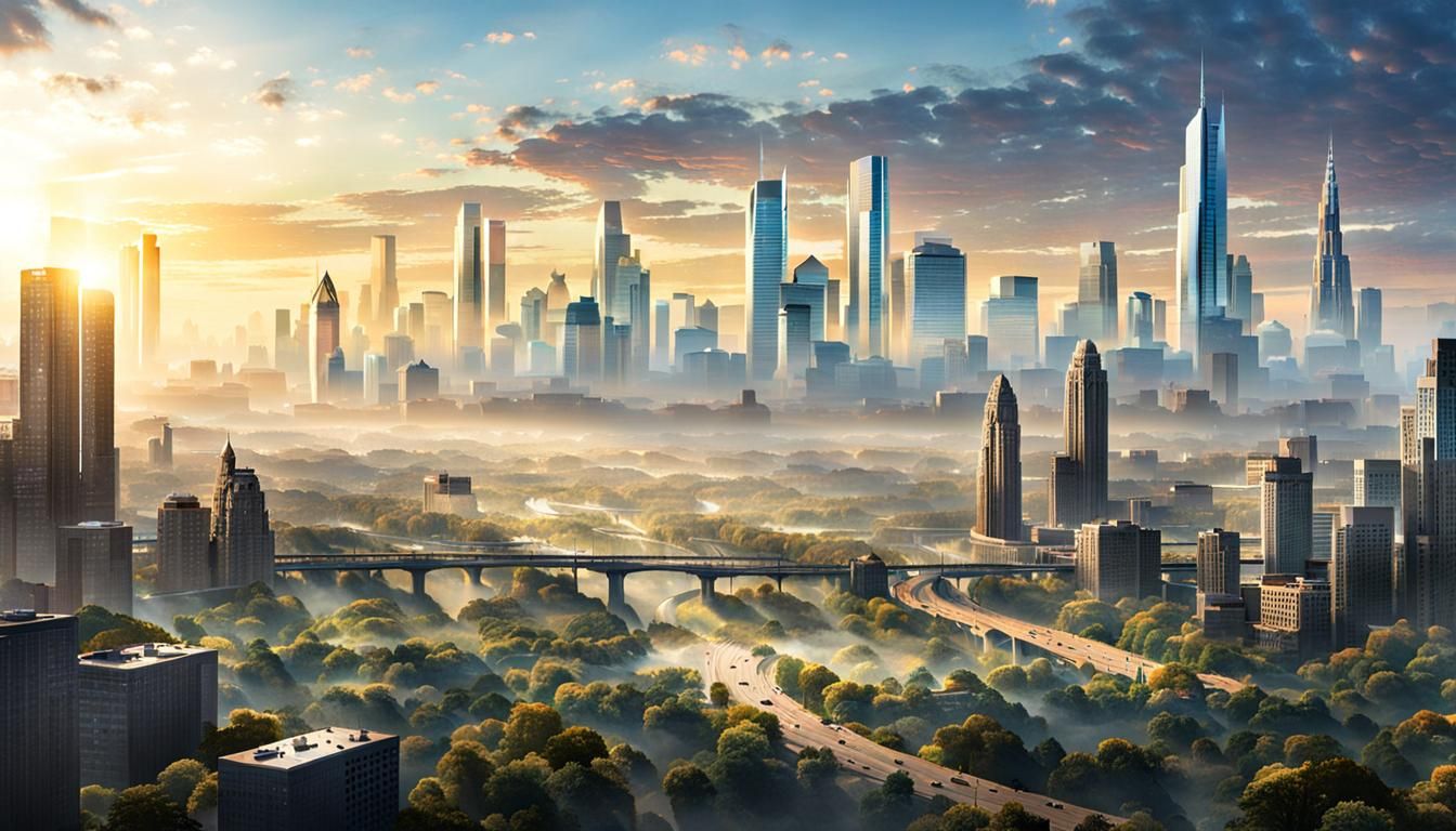 Utopian Morning Skyline in Vibrant Colors