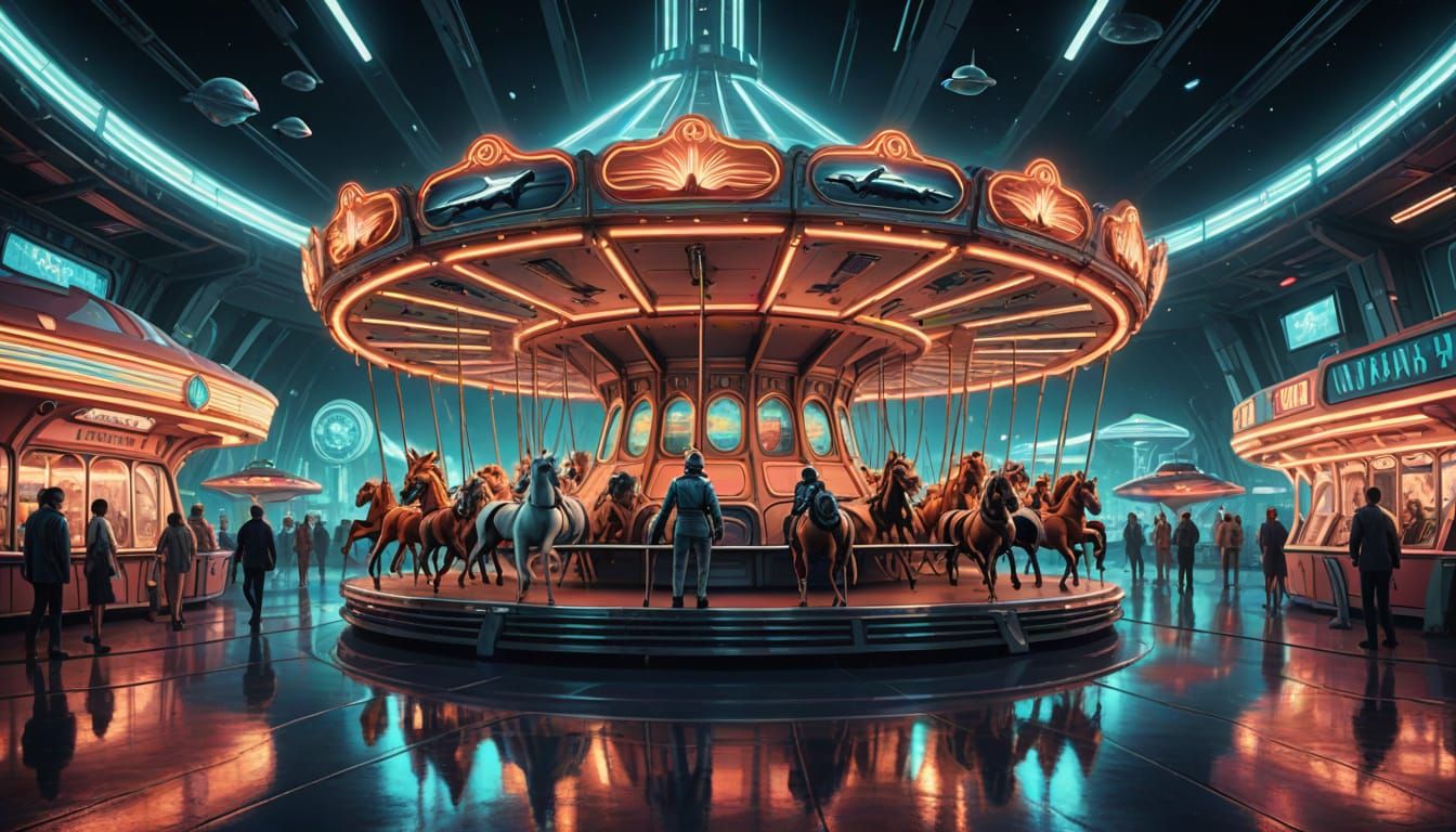 Retro-Futuristic Carousel in 1950s Spaceport
