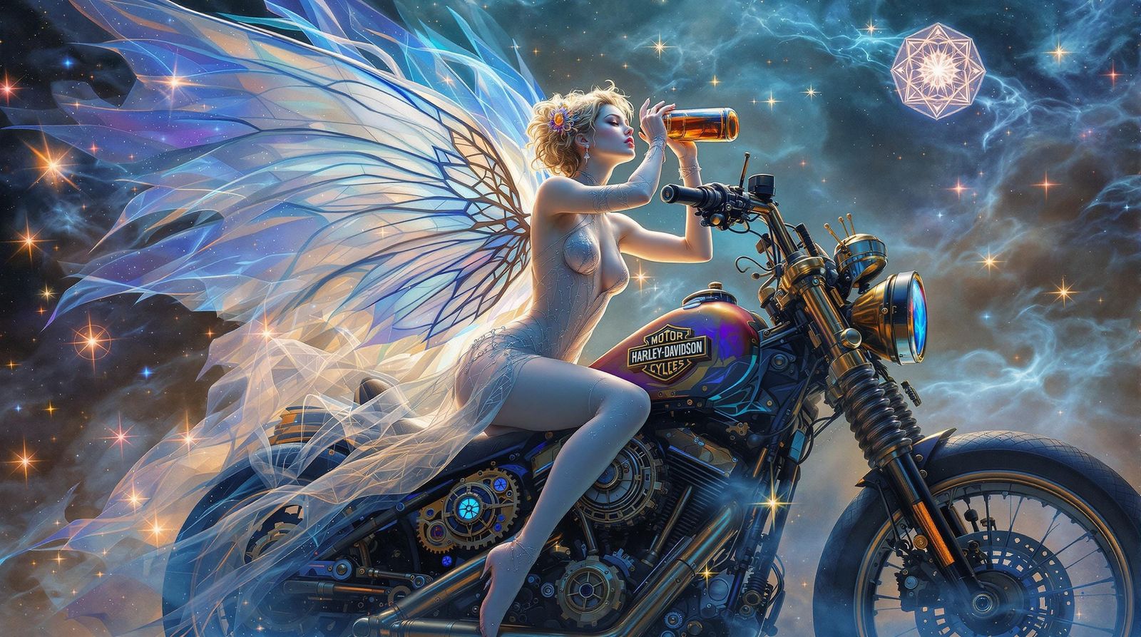 Steampunk Fairy on Harley-Davidson Motorcycle