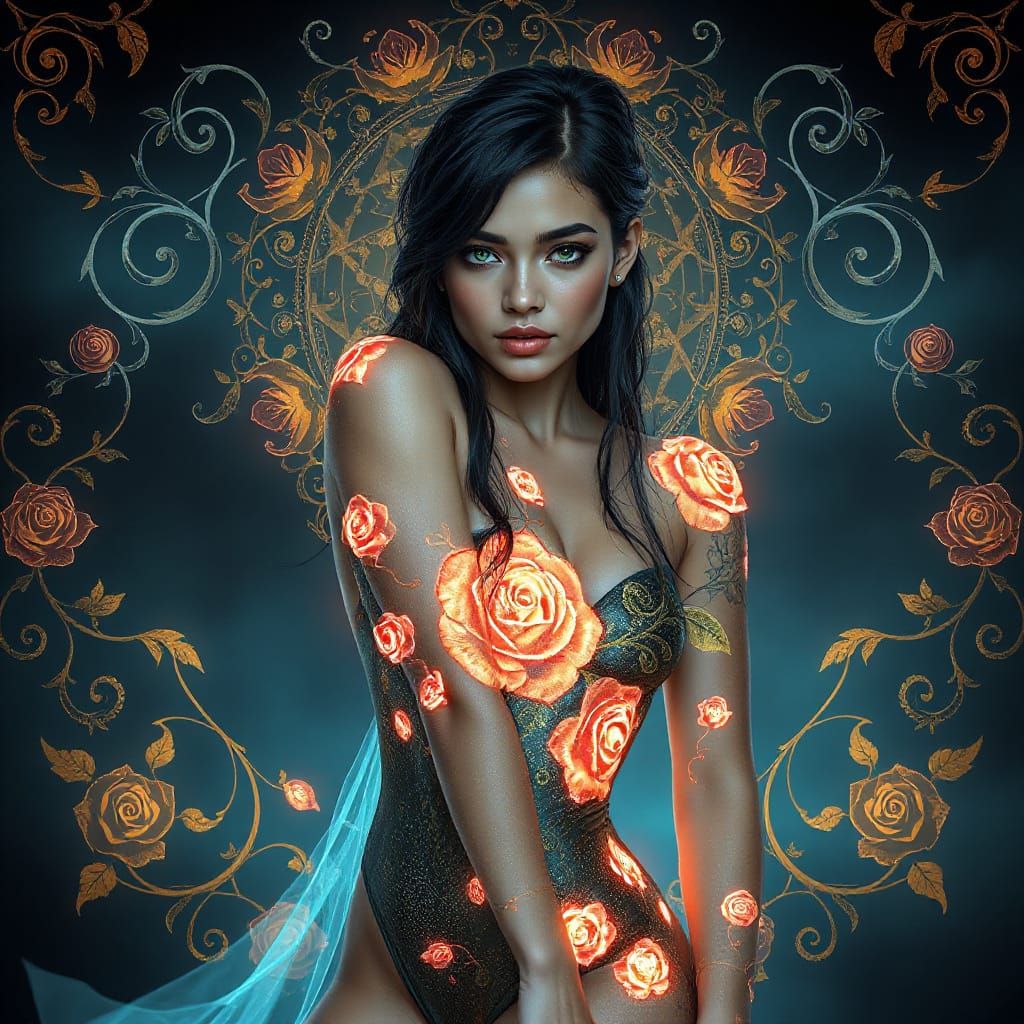 Goth Latina Goddess in Azure Flowered Bodysuit with Biolumin...