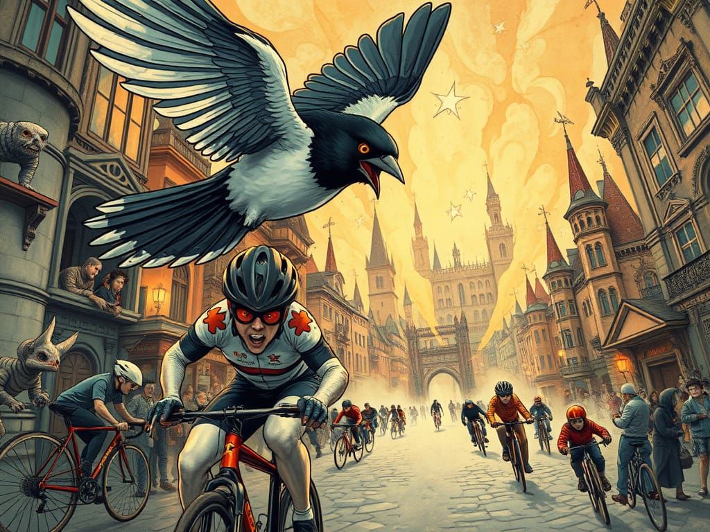Magpie Attacks Cyclist in Whimsical Fantasy Cityscape