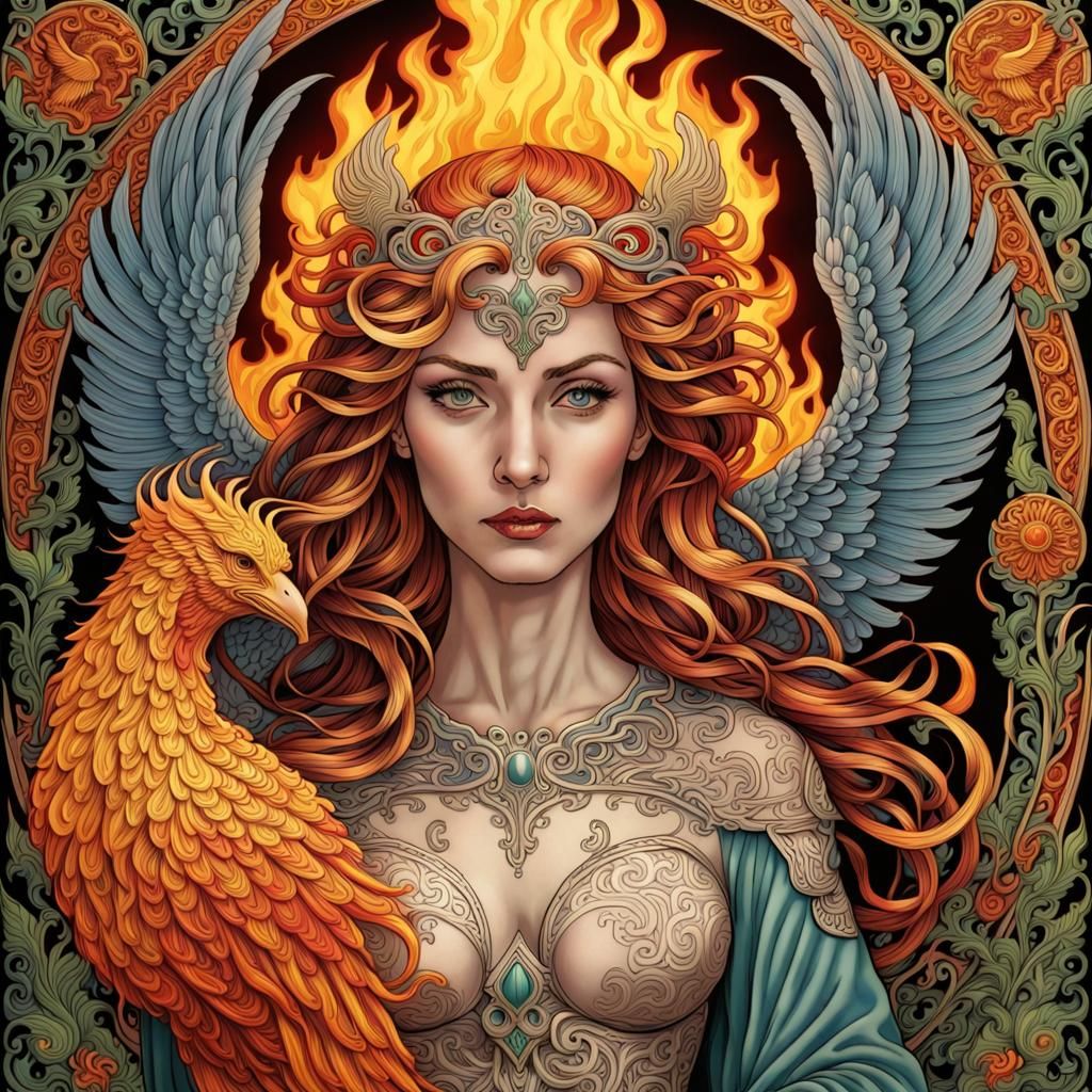 Irish Goddess with Flaming Phoenix in Celtic Art Style