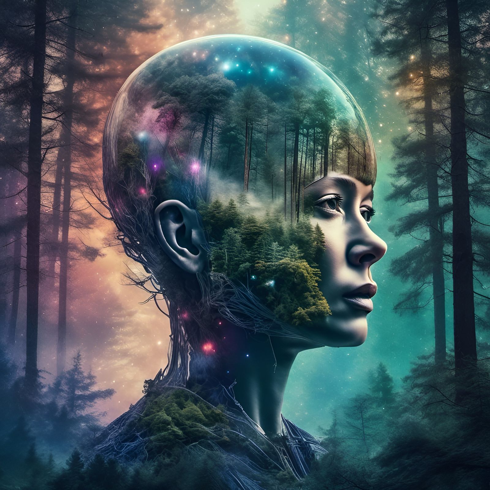 Double Exposure Alien Bobblehead in Galaxy Forest