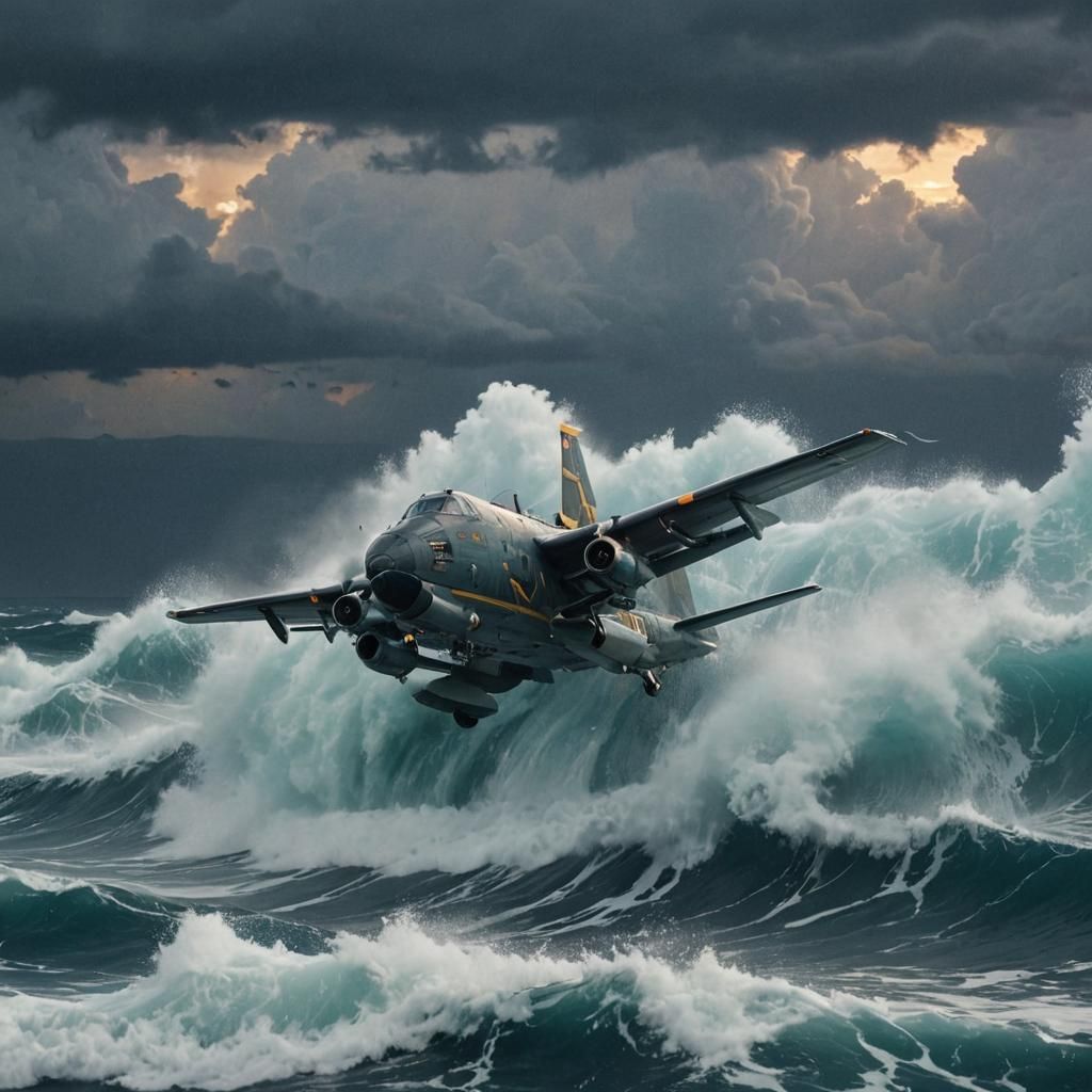 Anime Aircraft Soaring Through Stormy Seas