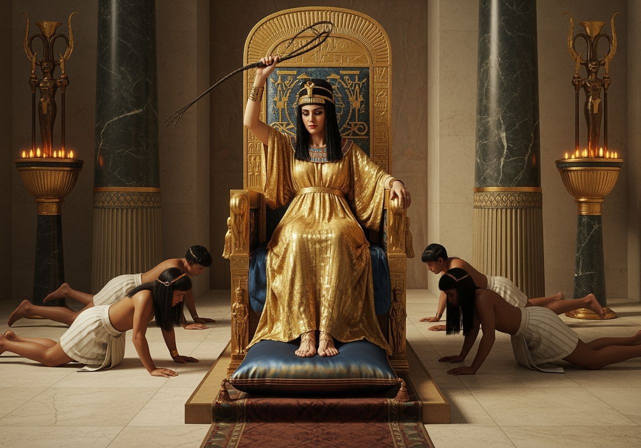 Egyptian Queen on Isis Throne in Opulent Gold Room