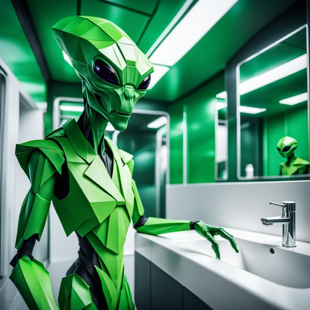 Green Alien Selfie in Sci-Fi Spaceship Bathroom