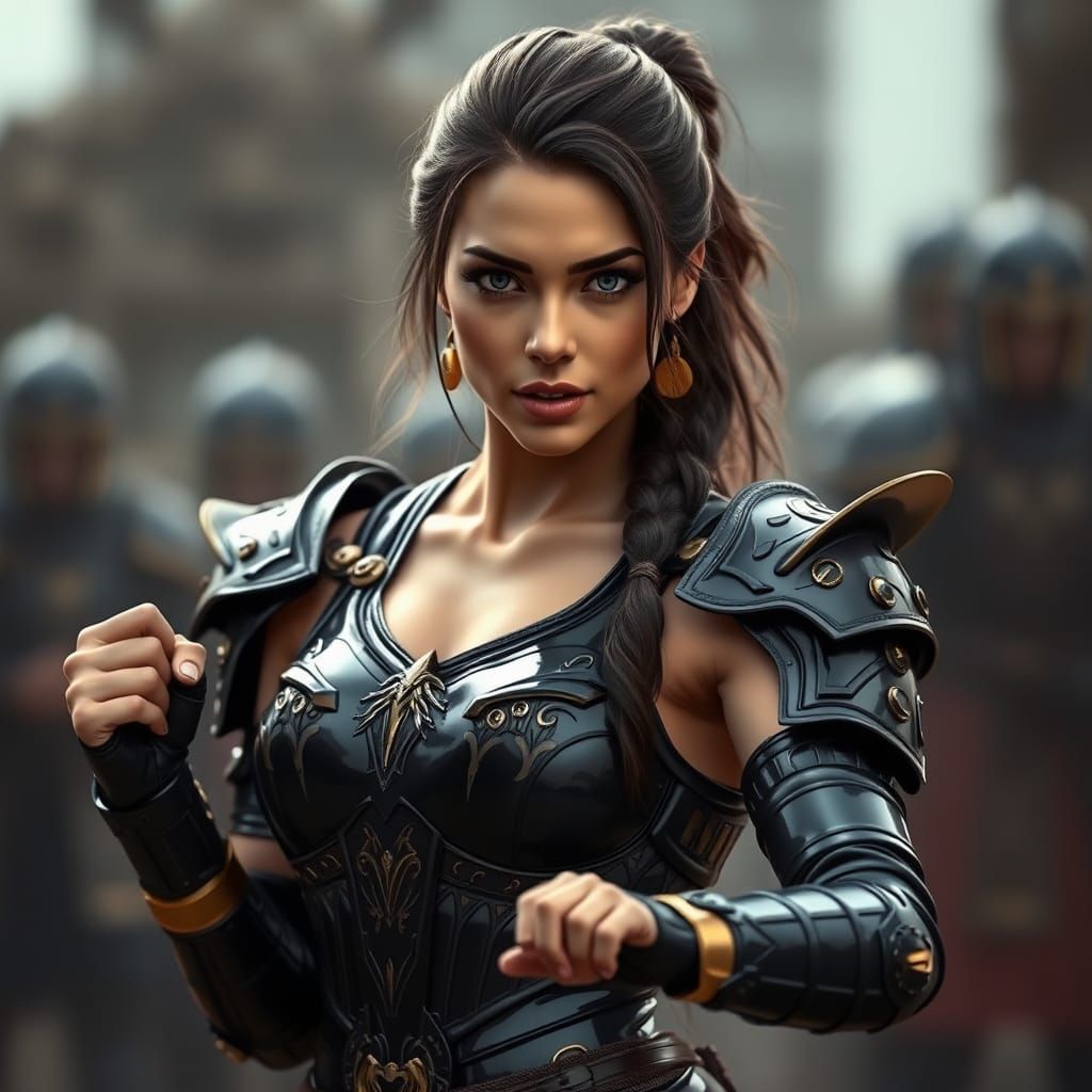 Hyperrealistic Woman Warrior in Black Latex Armor