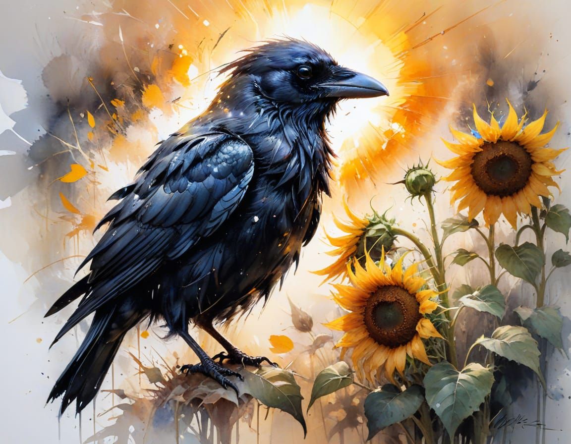 Raven on Sunflower in Haenraets' Watercolour Style