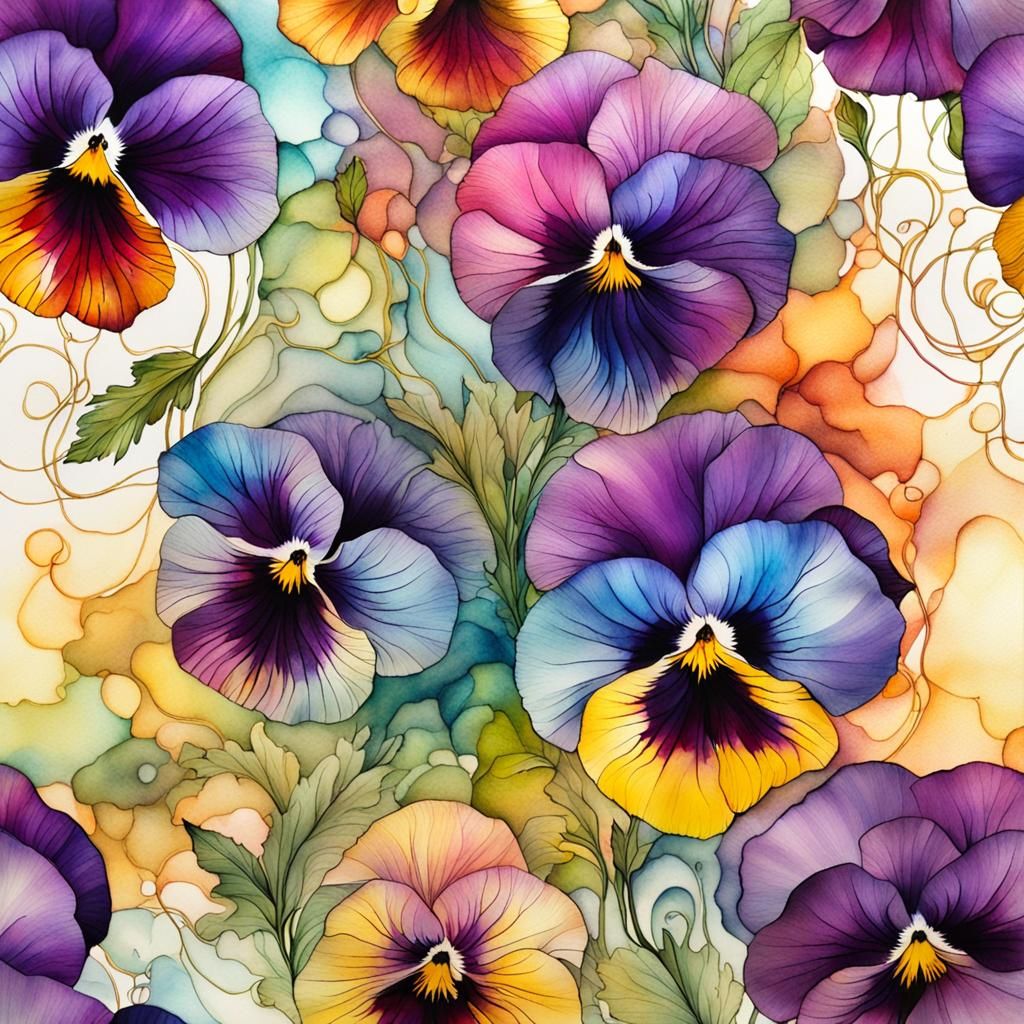 Colorful Pansies in Alcohol Ink Swirls