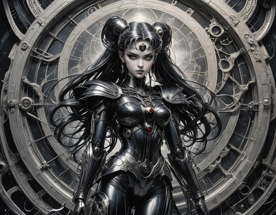Biomechanical Sailor Moon Portrait in Black Ink
