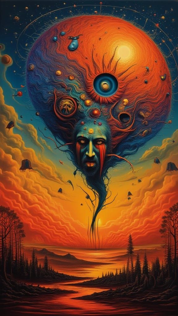 Surreal Xenomorph Butterfly Man in Fiery Landscape