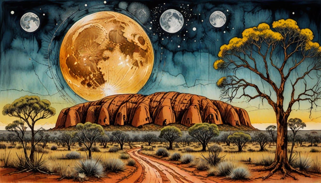 Surreal Uluru Landscape with Full Moon and Golden Wattle Tre...