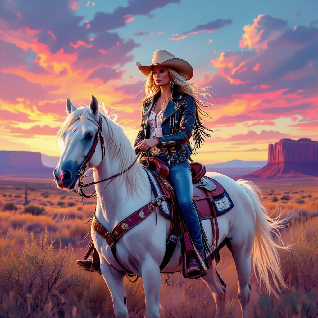 Surreal Cowgirl in Dreamlike Wild West Landscape