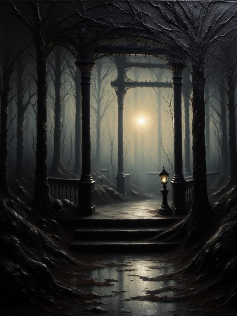 Solitary Lantern in Misty Oil Painting