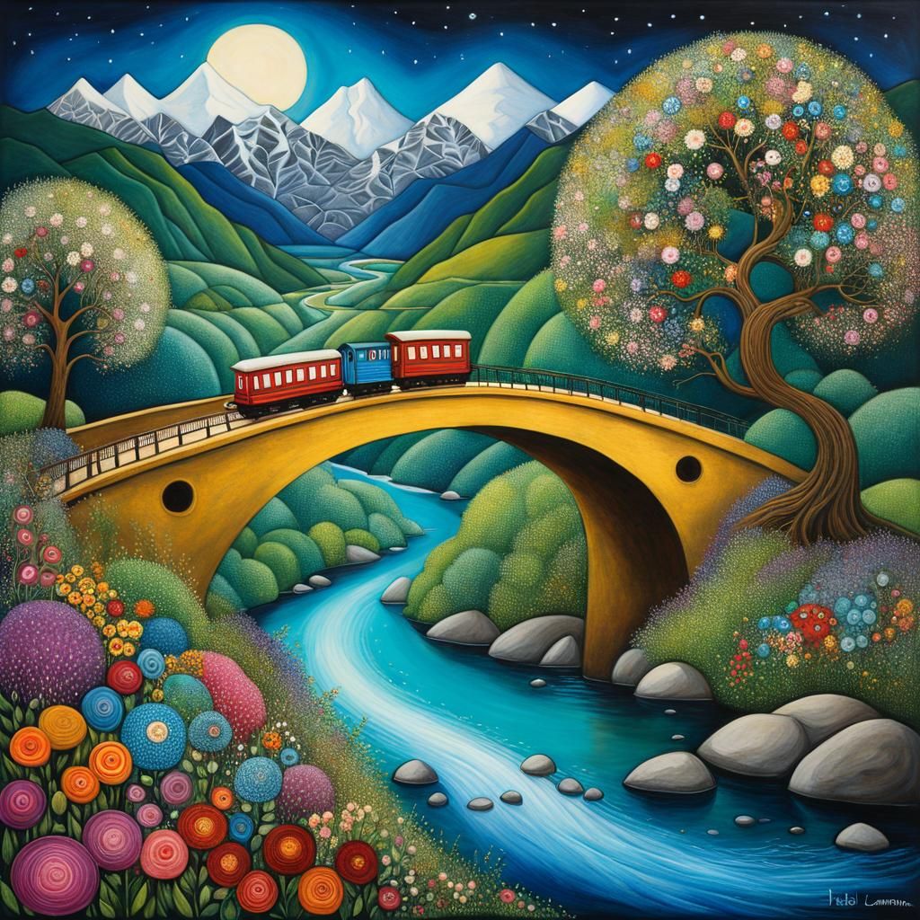 Surreal Train Journey in Art Brut Style