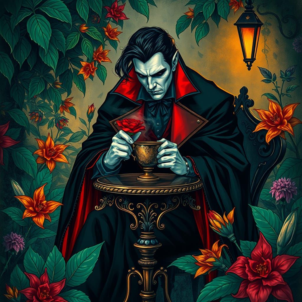 Elegant Vampire Sips Coffee in Midnight Garden